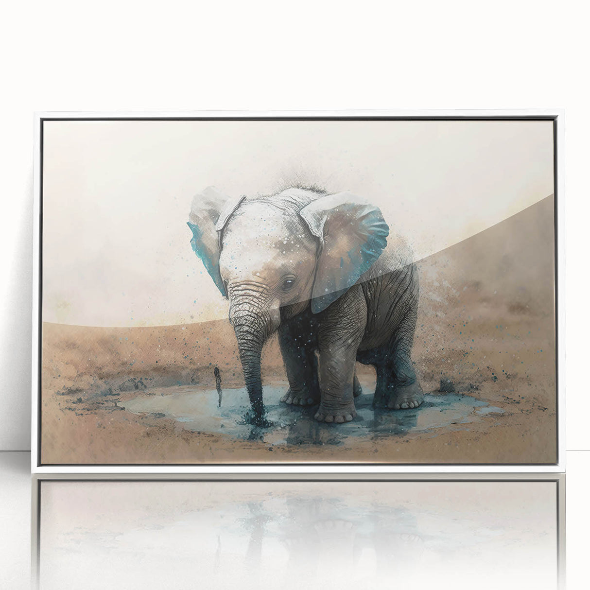 Framed wall art featuring a striking elephant design in a white frame, showcasing intricate details and vibrant colors, perfect for wildlife enthusiasts and home decor.