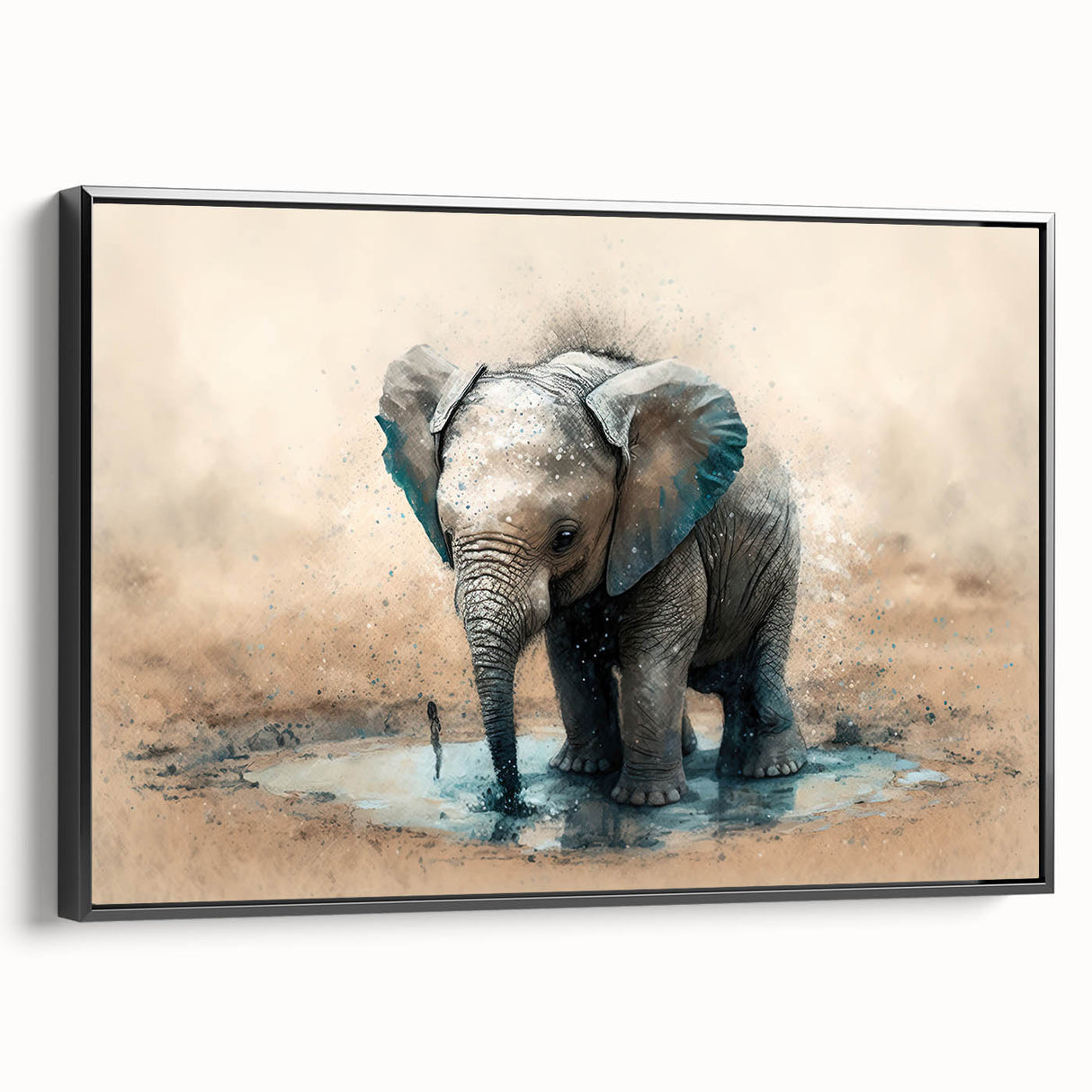Framed canvas wall art showcasing a striking black and white side view of an elephant, emphasizing its majestic silhouette and intricate details, perfect for wildlife enthusiasts.
