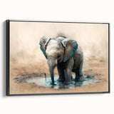 Framed canvas wall art showcasing a striking black and white side view of an elephant, emphasizing its majestic silhouette and intricate details, perfect for wildlife enthusiasts.