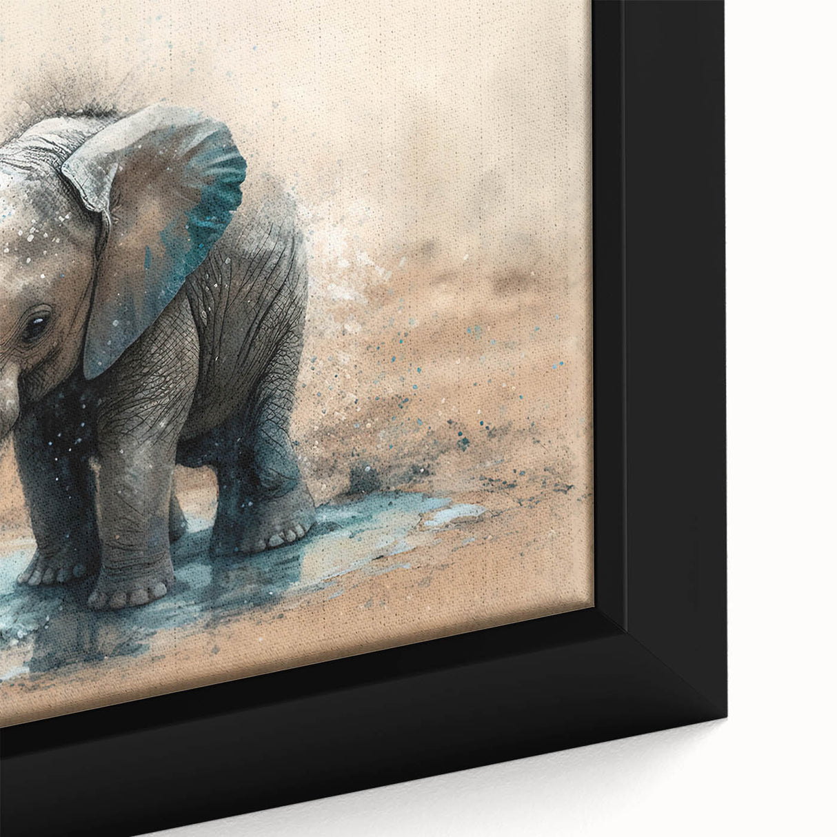 Close-up of a framed canvas wall art showcasing a beautifully detailed elephant design, featuring earthy tones and intricate textures, perfect for wildlife lovers.