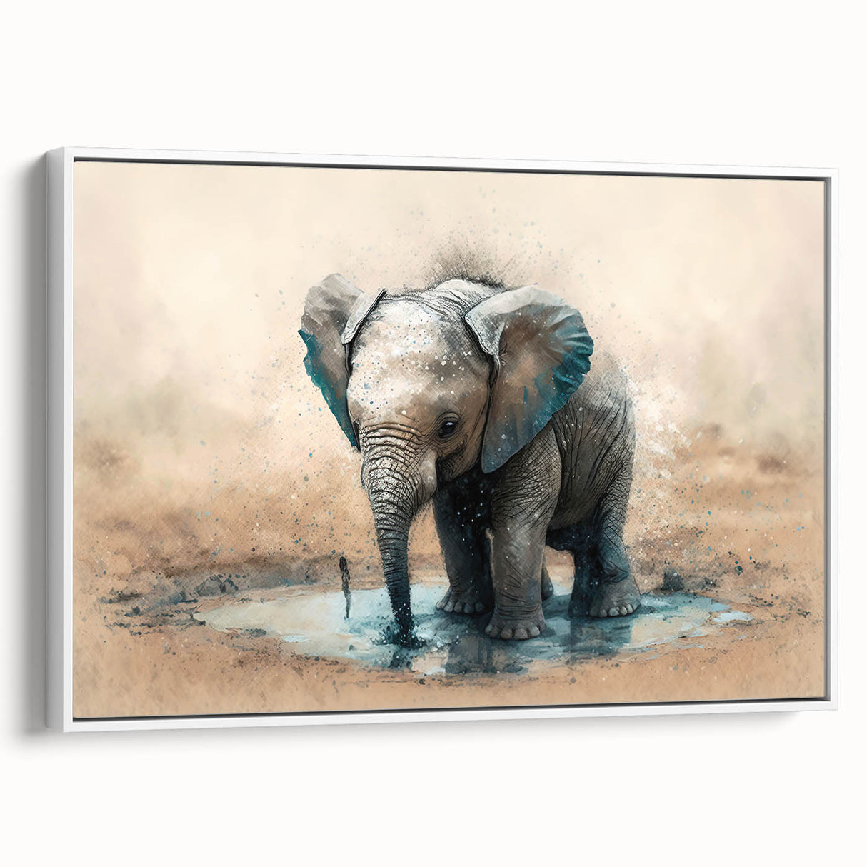 Framed canvas wall art featuring a white side view of an elegant elephant design, showcasing intricate details and textures, perfect for wildlife enthusiasts and home decor.