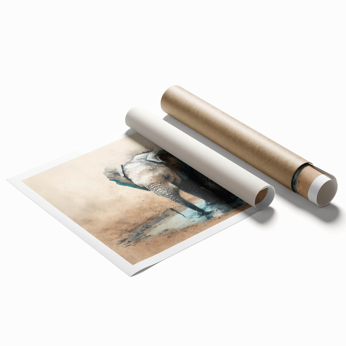 Elephant wall art design showcasing a majestic African elephant in a vibrant natural setting, perfect for home decor or wildlife enthusiasts. The rolled print highlights intricate details and vivid colors, ideal for enhancing interior spaces with a touch of nature.
