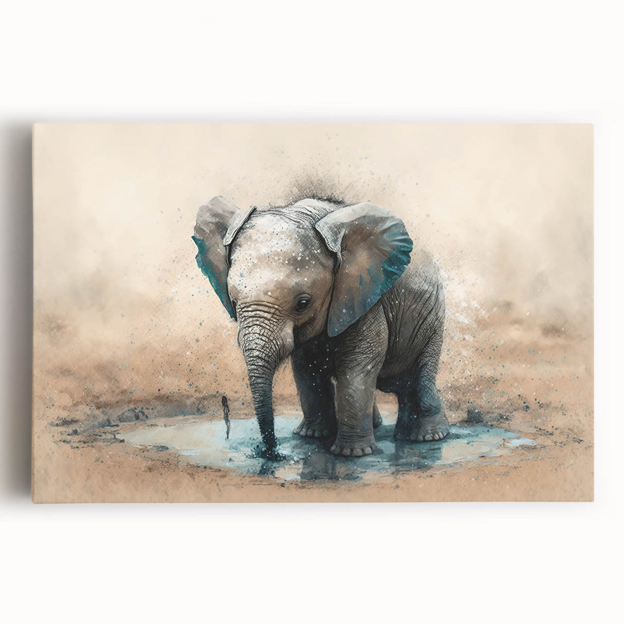 Stretched canvas wall art showcasing a majestic front view of an elephant, highlighting its intricate details and natural textures, perfect for wildlife enthusiasts.