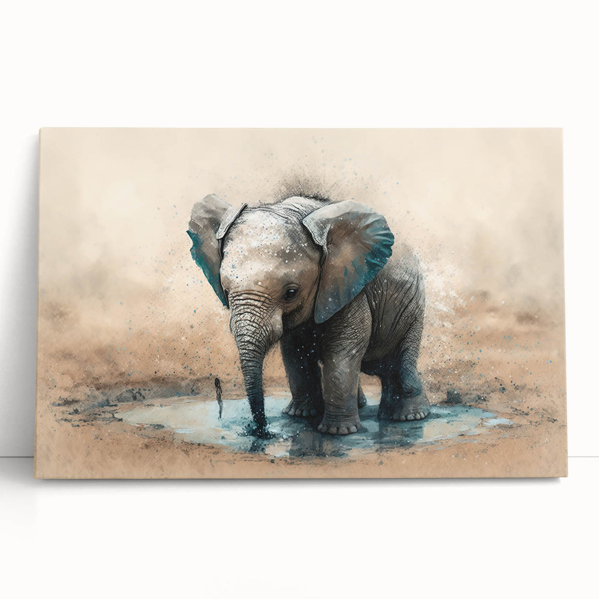 Stretched canvas wall art depicting a majestic elephant in a vibrant African landscape, showcasing detailed textures and rich colors, perfect for wildlife enthusiasts.