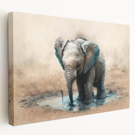 Stretched canvas wall art showcasing a side view of a majestic elephant in a lush, natural setting, ideal for animal lovers and home decor enthusiasts.