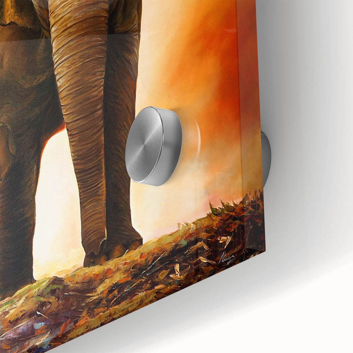 Close-up of a striking elephant wall art design on acrylic glass, showcasing intricate details of the animal's textures and natural colors, perfect for wildlife enthusiasts.