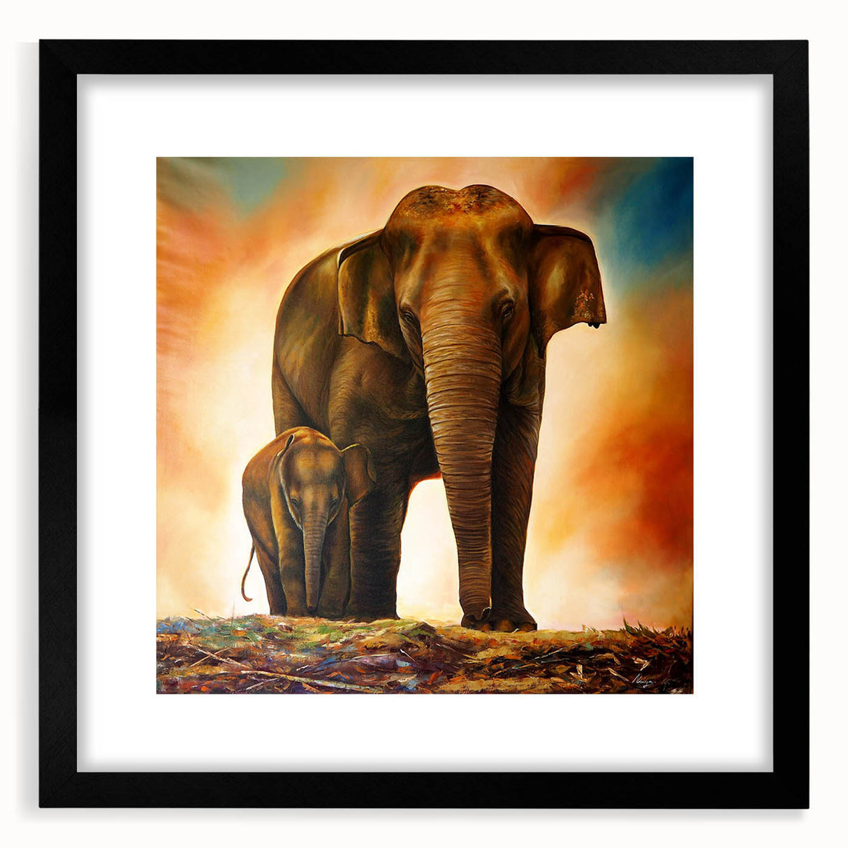 Framed wall art collection featuring a striking elephant design in black and white, set against a sleek black frame with matting, perfect for wildlife enthusiasts.