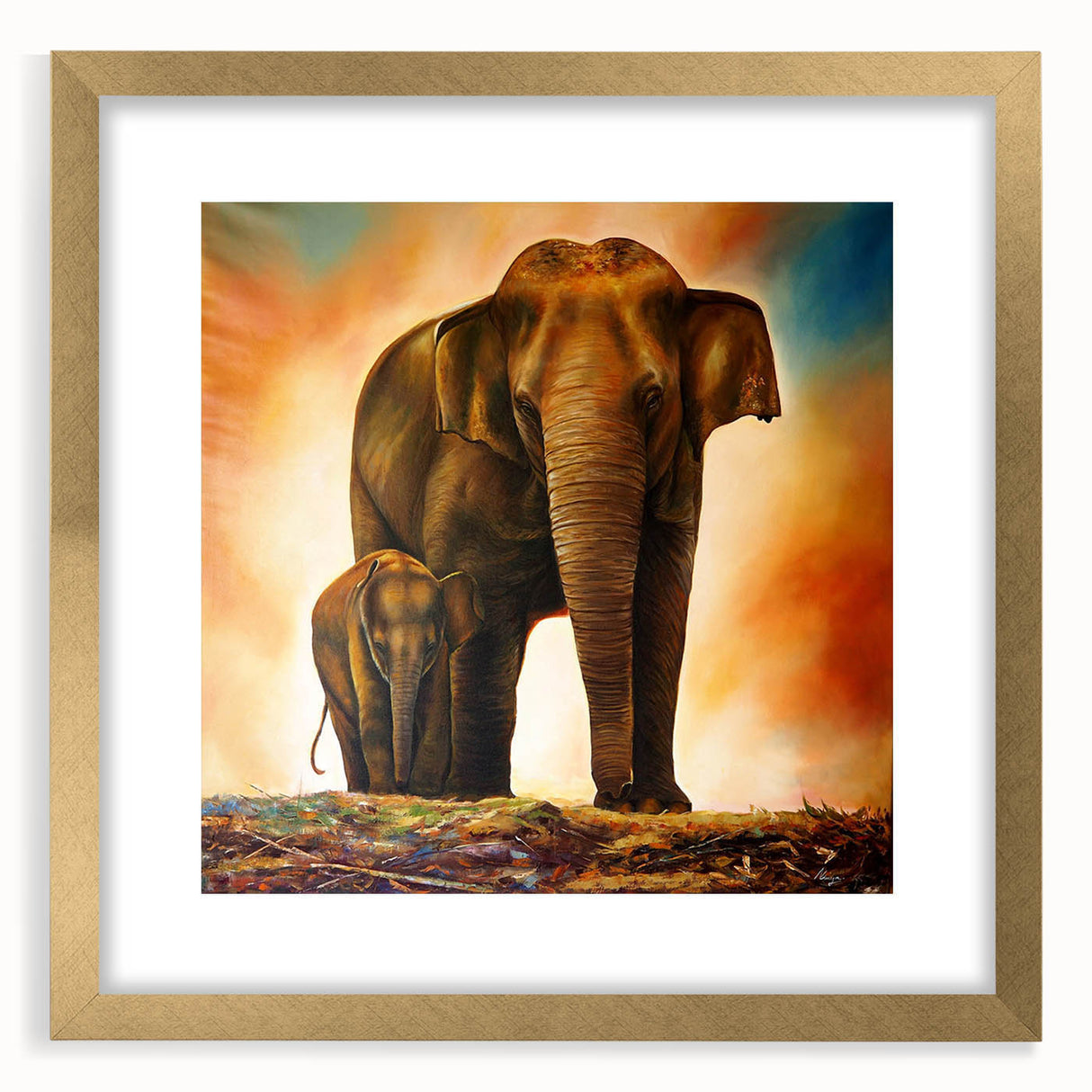 Framed wall art showcasing a majestic elephant design with intricate details and a gold matting, perfect for wildlife-themed decor in living spaces.