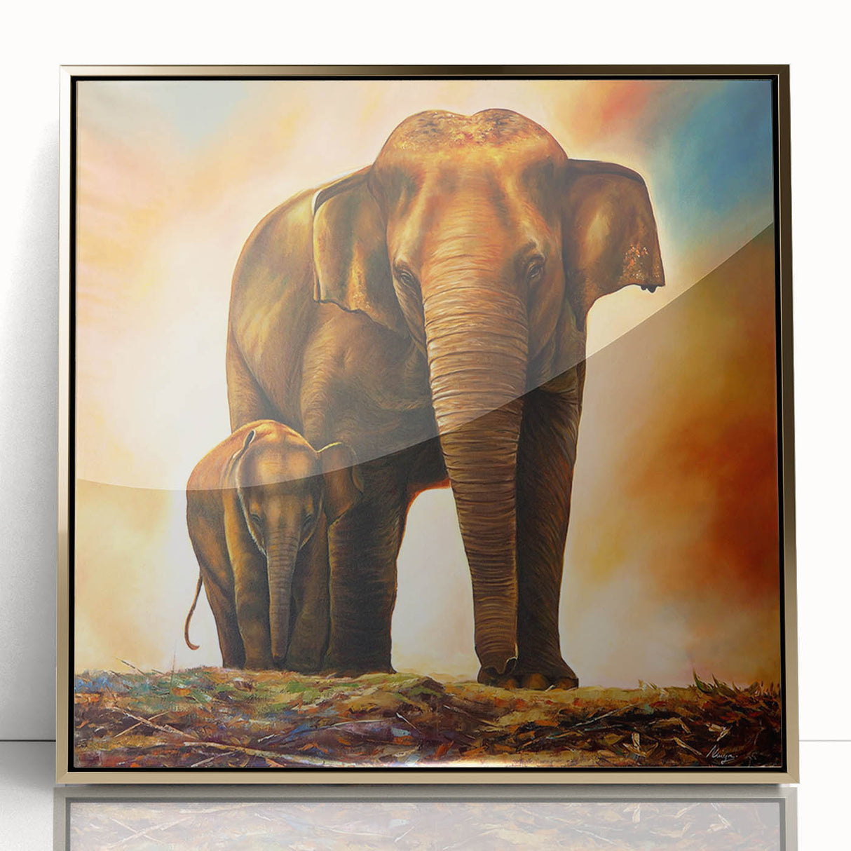 Framed acrylic wall art showcasing a majestic elephant in a wild setting, featuring a gold border that enhances the vibrant colors, perfect for animal lovers.