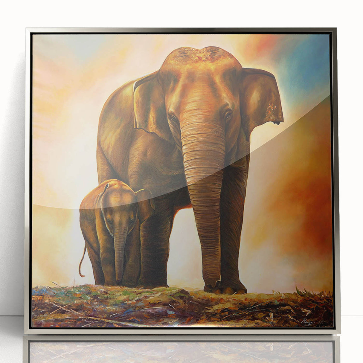 Framed wall art featuring a stunning elephant design in silver acrylic, showcasing intricate details and vibrant colors, ideal for wildlife enthusiasts and home decor.