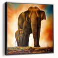 Framed canvas wall art depicting a side view of a majestic elephant in a natural setting, showcasing intricate details and rich colors, perfect for wildlife enthusiasts.