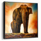 Framed canvas wall art depicting a side view of a majestic elephant in a natural setting, showcasing intricate details and rich colors, perfect for wildlife enthusiasts.