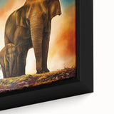 Close-up of a framed canvas wall art piece depicting a majestic elephant in a vibrant, abstract style, showcasing intricate details and rich colors, perfect for wildlife enthusiasts.