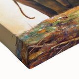 Close-up of a vibrant stretched canvas wall art featuring a majestic elephant design, showcasing intricate details and textures, perfect for wildlife enthusiasts and home decor.