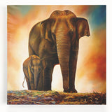 Stretched canvas artwork showcasing a majestic African elephant in a natural habitat, featuring vibrant colors and intricate details, perfect for wildlife decor.