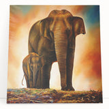 Stretched canvas wall art featuring a vibrant elephant design against a colorful abstract background, ideal for wildlife enthusiasts and modern decor.
