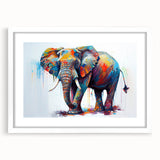 Elephant-themed wall art design in a white frame with a mat, showcasing vibrant colors and intricate details, perfect for animal lovers and home decor enthusiasts.