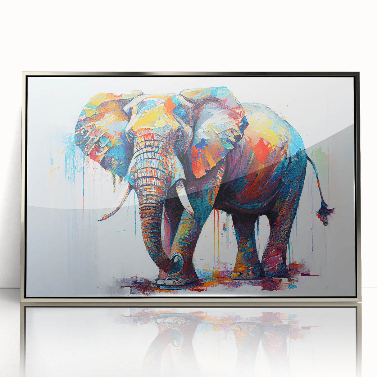 Framed wall art collection featuring a striking silver-accented design of an elephant, showcasing intricate details and vibrant colors, perfect for animal lovers and home decor enthusiasts.