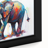 Close-up of a framed canvas wall art featuring an intricate elephant design, showcasing vibrant colors and detailed textures, perfect for wildlife enthusiasts' decor.