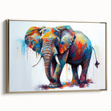 Framed canvas wall art depicting a majestic elephant in a serene gold-toned design, perfect for wildlife enthusiasts and home decor lovers, showcasing intricate details and a side view that enhances its elegance.