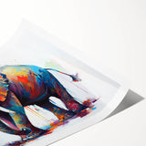Elephant-themed wall art print showcasing a vibrant, colorful design depicting wildlife elements, rolled and ready for framing, perfect for nature lovers' decor.