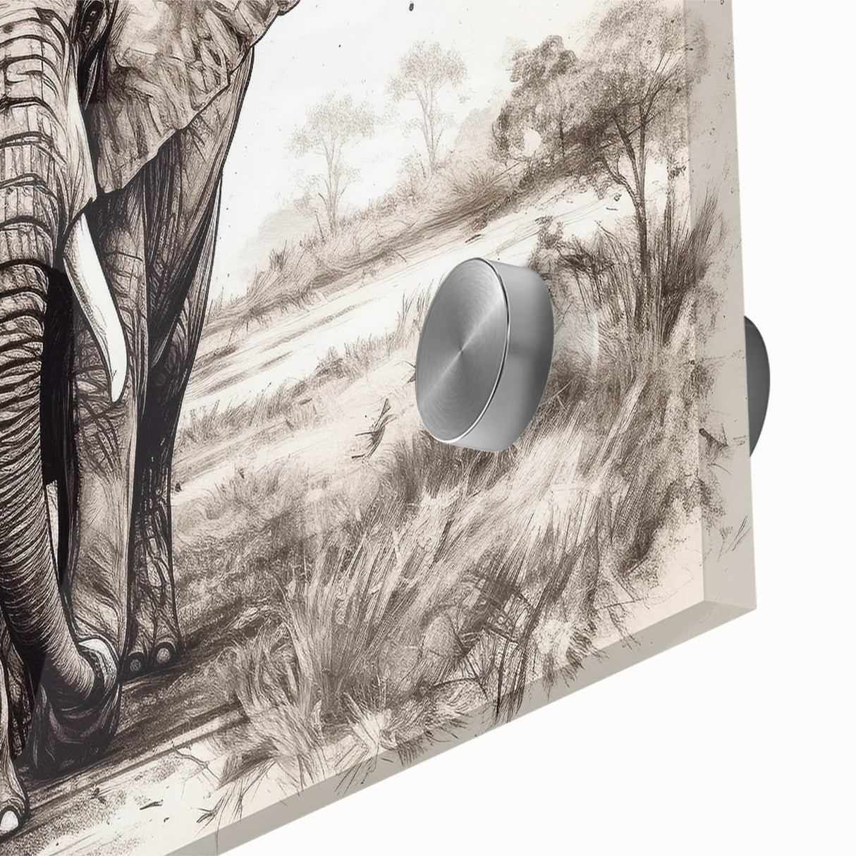 Close-up view of an intricate acrylic glass wall art piece featuring a majestic elephant design, showcasing detailed textures and vibrant colors, perfect for wildlife enthusiasts.