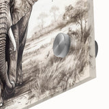 Close-up view of an intricate acrylic glass wall art piece featuring a majestic elephant design, showcasing detailed textures and vibrant colors, perfect for wildlife enthusiasts.