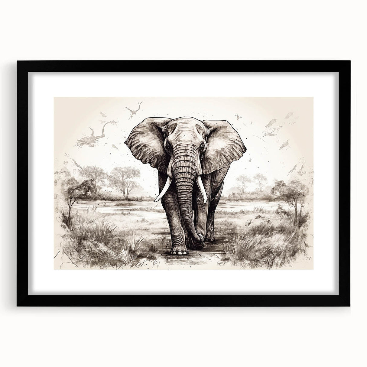 Black-framed wall art featuring a striking design of an elephant in a wild setting, showcasing detailed textures and vibrant colors, ideal for animal lovers and home decor enthusiasts.