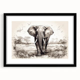 Black-framed wall art featuring a striking design of an elephant in a wild setting, showcasing detailed textures and vibrant colors, ideal for animal lovers and home decor enthusiasts.