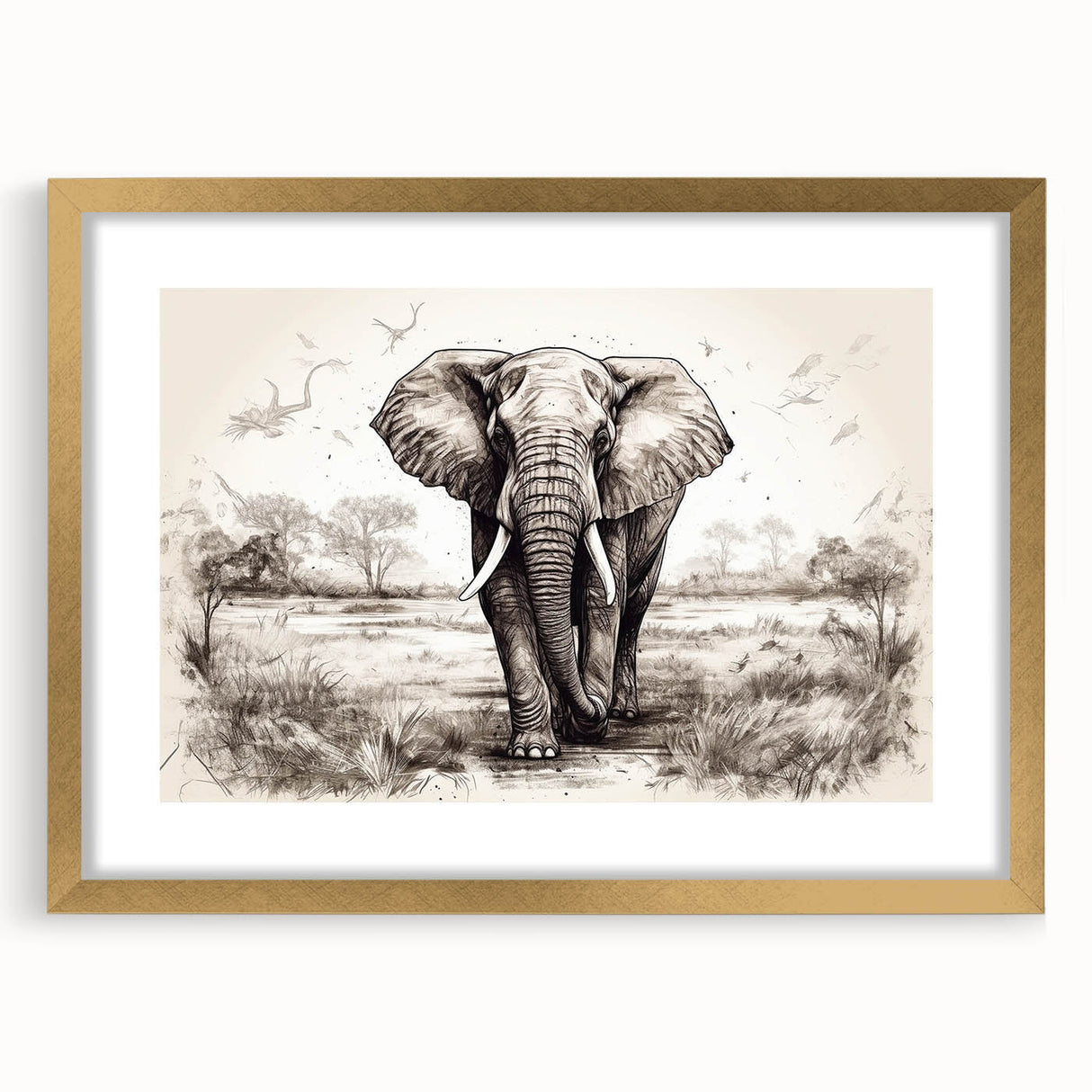 Elegant framed wall art featuring a majestic elephant design in gold, showcasing intricate details and textures, perfect for wildlife enthusiasts and home decor.