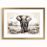 Elegant framed wall art featuring a majestic elephant design in gold, showcasing intricate details and textures, perfect for wildlife enthusiasts and home decor.