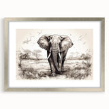 Framed wall art featuring a striking elephant design in silver tones, with a white mat, perfect for adding a touch of wildlife elegance to home decor.