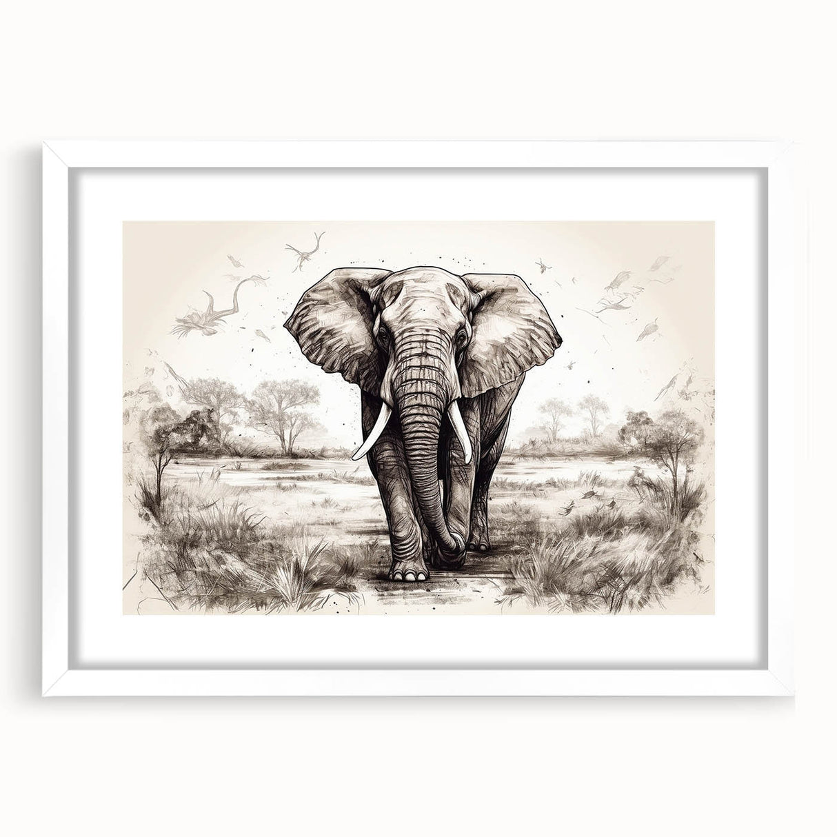 Elephant-themed wall art design in a white frame with a mat, showcasing a vibrant African wildlife scene, perfect for home decor enthusiasts and nature lovers.