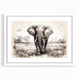 Elephant-themed wall art design in a white frame with a mat, showcasing a vibrant African wildlife scene, perfect for home decor enthusiasts and nature lovers.