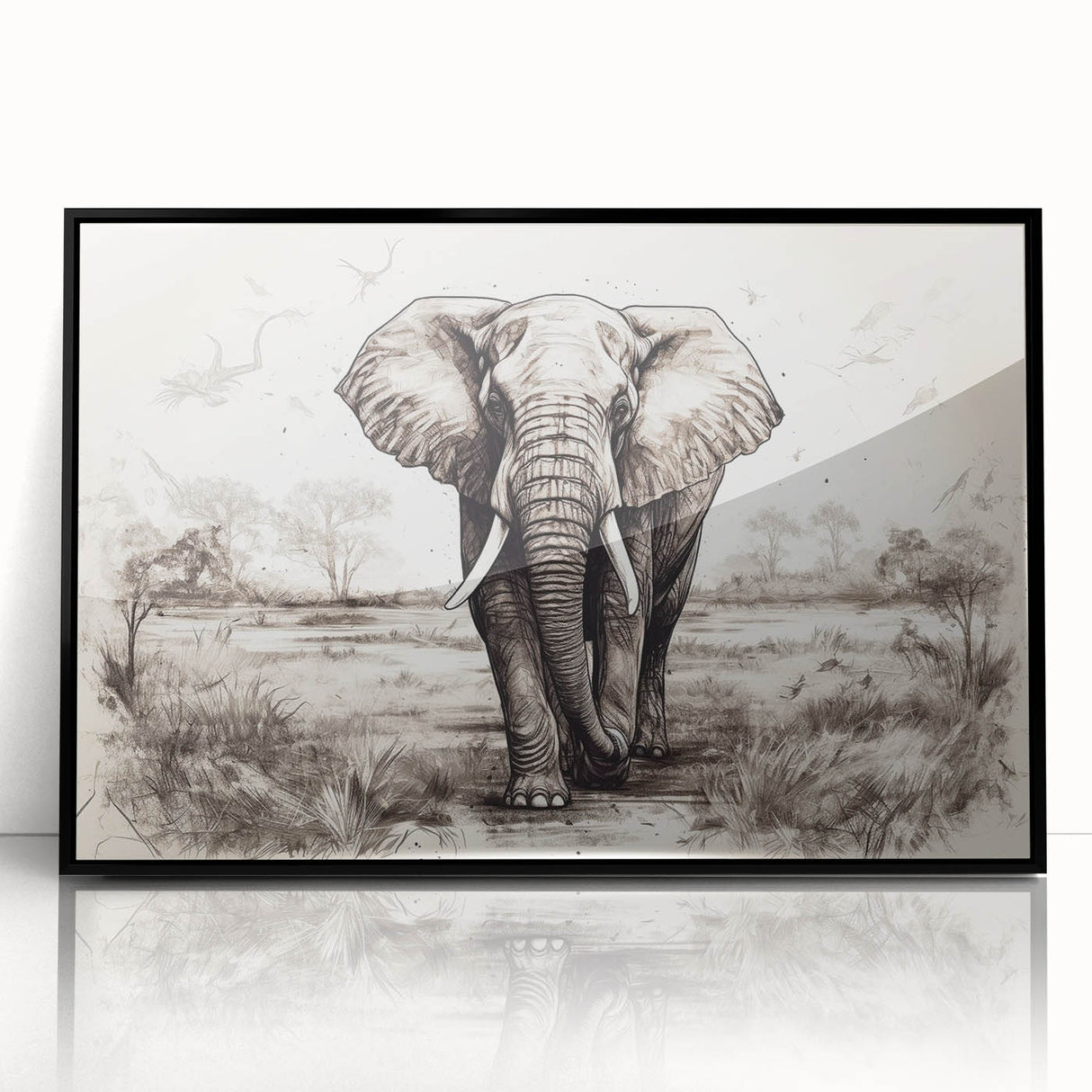 Framed black acrylic wall art featuring a striking elephant design in a wild life theme, perfect for animal lovers and contemporary decor enthusiasts.