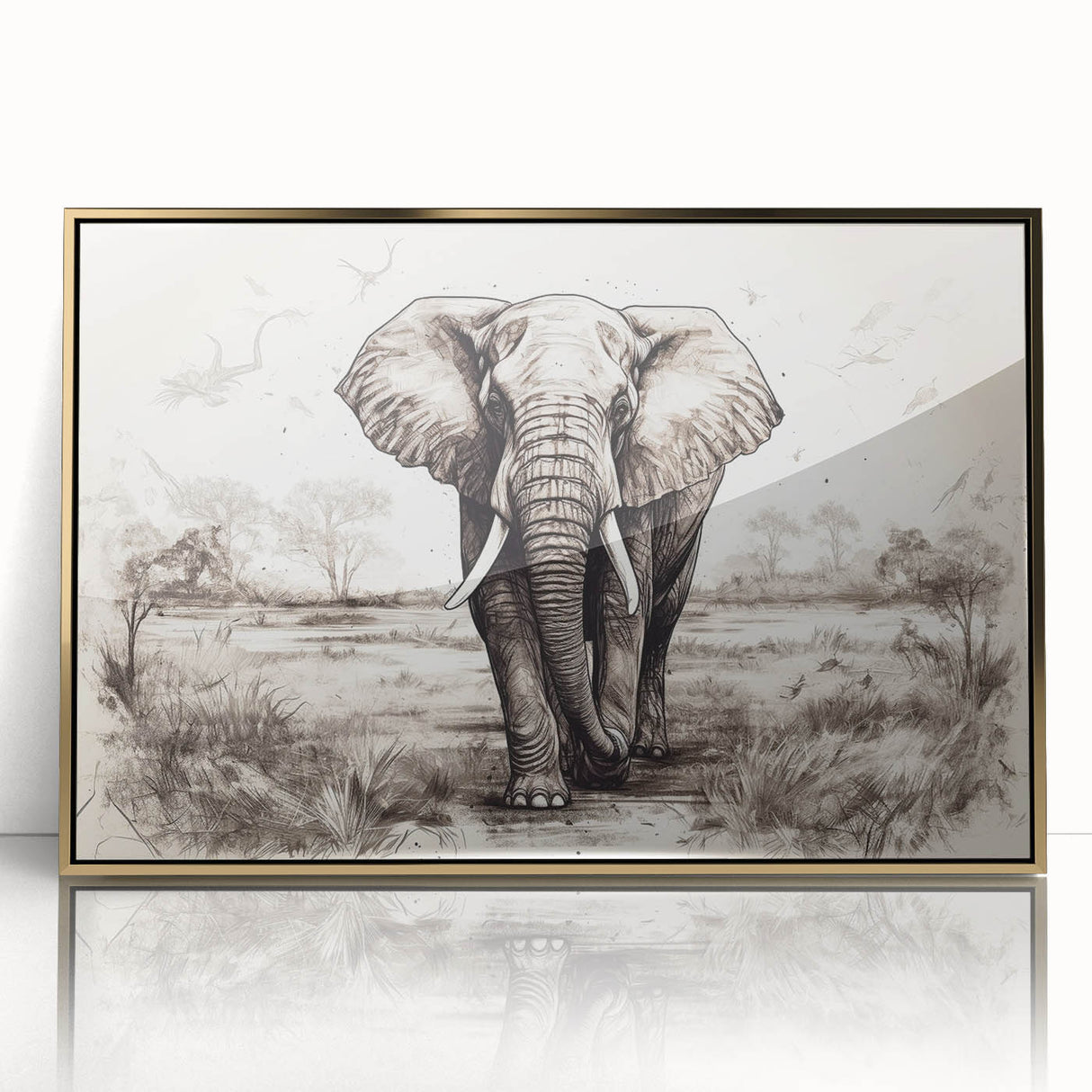 Framed wall art featuring a majestic elephant design in gold and monochrome, highlighting intricate details and textures, perfect for wildlife enthusiasts and modern decor.