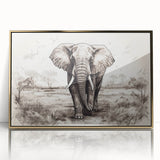 Framed wall art featuring a majestic elephant design in gold and monochrome, highlighting intricate details and textures, perfect for wildlife enthusiasts and modern decor.