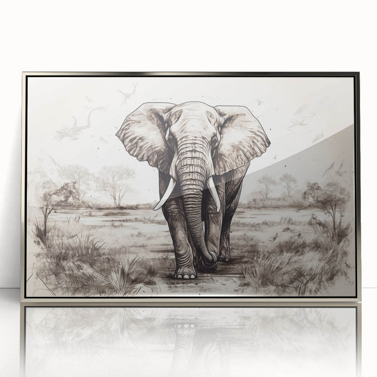 Framed wall art featuring a majestic elephant design in a sleek silver frame, showcasing intricate details and vibrant colors, perfect for wildlife enthusiasts and home decor.