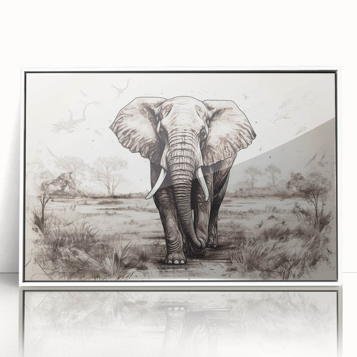 Framed acrylic wall art featuring a stunning elephant design in a white frame, showcasing intricate details and vibrant colors to enhance modern decor. Perfect for animal lovers and wildlife enthusiasts.