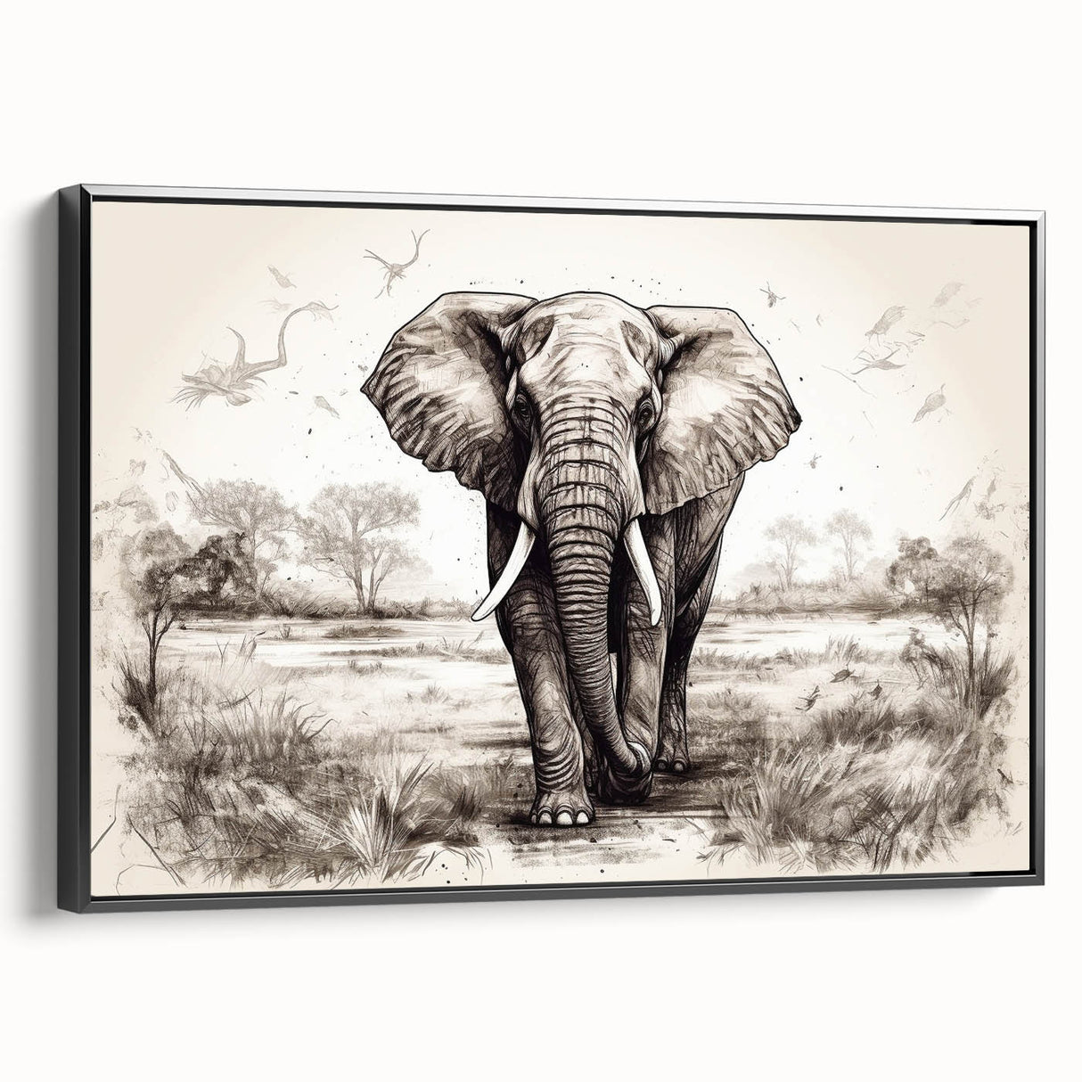 Framed canvas wall art featuring a side view of a majestic elephant, showcasing its textured skin and intricate details, perfect for wildlife decor enthusiasts.