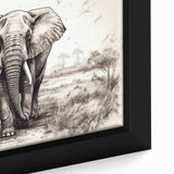 Close-up view of a framed canvas wall art design featuring a majestic elephant in a vibrant natural setting, showcasing intricate details and rich colors. Ideal for wildlife enthusiasts and home decor, this artwork captures the essence of the African wilderness.