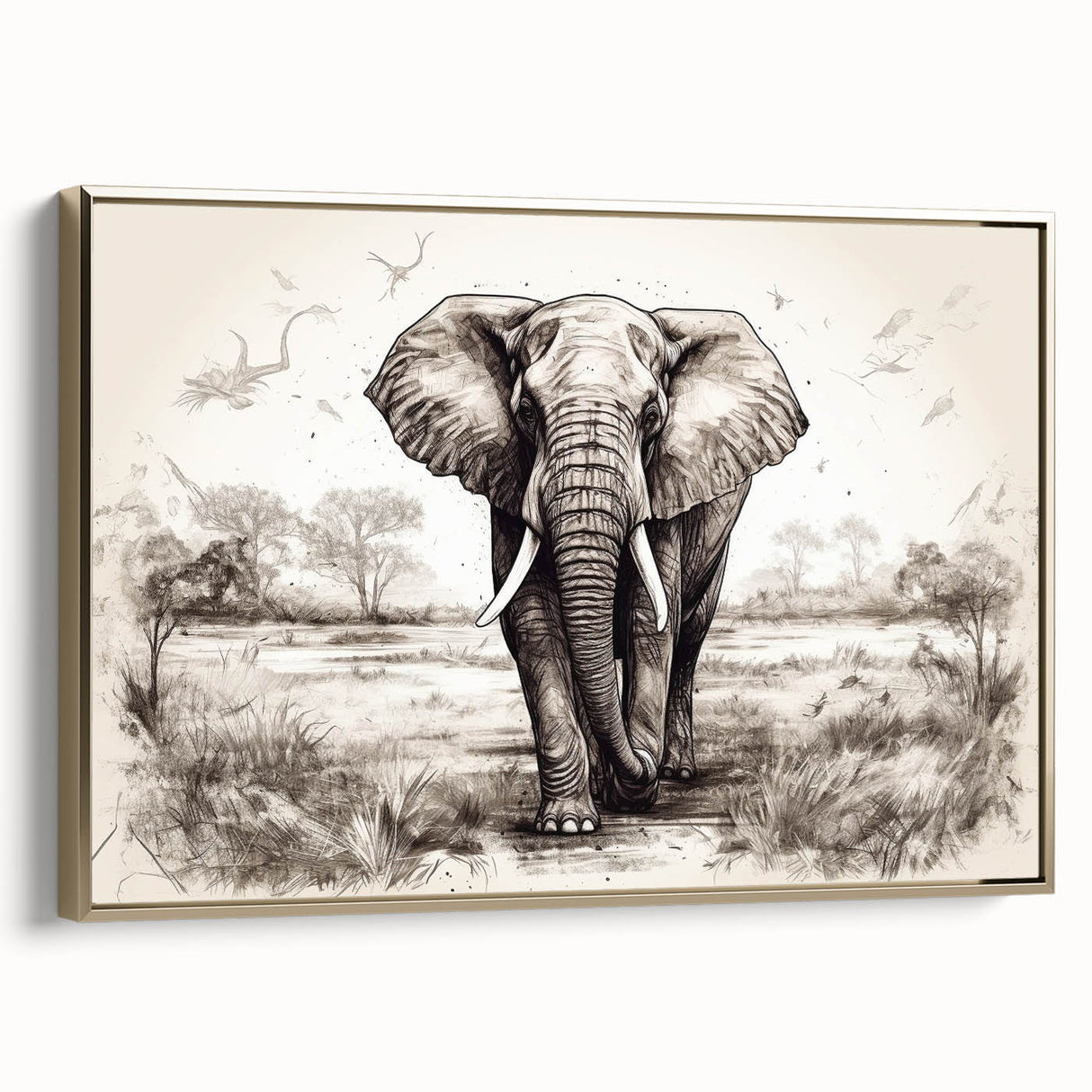 Framed canvas wall art featuring a side view of a majestic elephant against a gold background, perfect for animal lovers and home decor enthusiasts. Ideal for adding a touch of elegance and wildlife charm to any room.