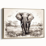Framed canvas wall art featuring a side view of a majestic elephant against a gold background, perfect for animal lovers and home decor enthusiasts. Ideal for adding a touch of elegance and wildlife charm to any room.