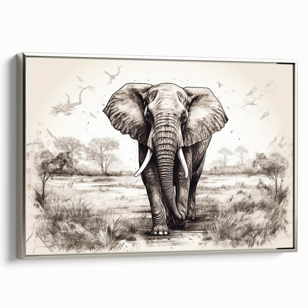 Framed canvas wall art depicting a majestic elephant in a silver-toned design, showcasing intricate details and textures, perfect for wildlife enthusiasts and home decor.