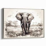 Framed canvas wall art depicting a majestic elephant in a silver-toned design, showcasing intricate details and textures, perfect for wildlife enthusiasts and home decor.