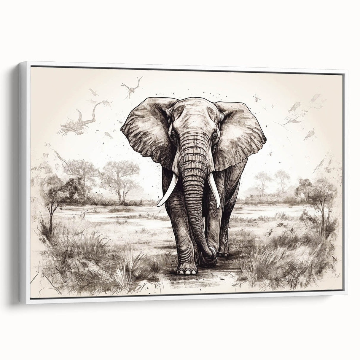 Framed canvas wall art showcasing a side view of a majestic elephant in a natural setting, perfect for wildlife enthusiasts and home decor, with a white background enhancing the design.