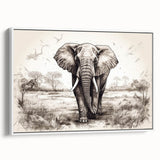 Framed canvas wall art showcasing a side view of a majestic elephant in a natural setting, perfect for wildlife enthusiasts and home decor, with a white background enhancing the design.