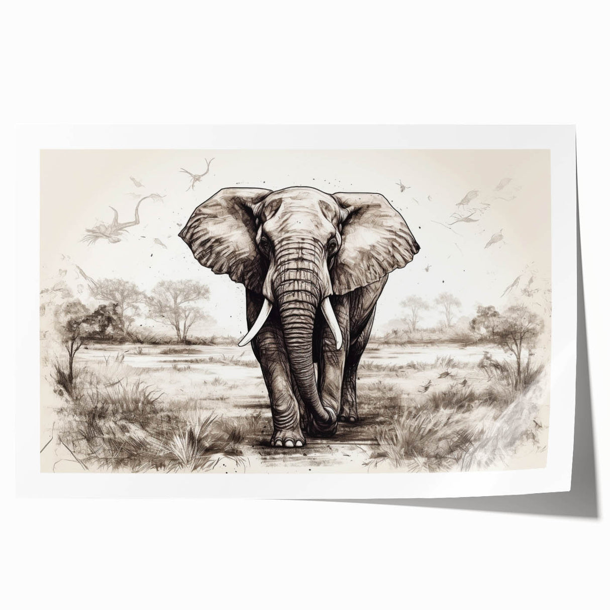 Elephant-themed wall art print showcasing a vibrant, artistic representation of an elephant in a natural habitat, perfect for wildlife enthusiasts and home decor.
