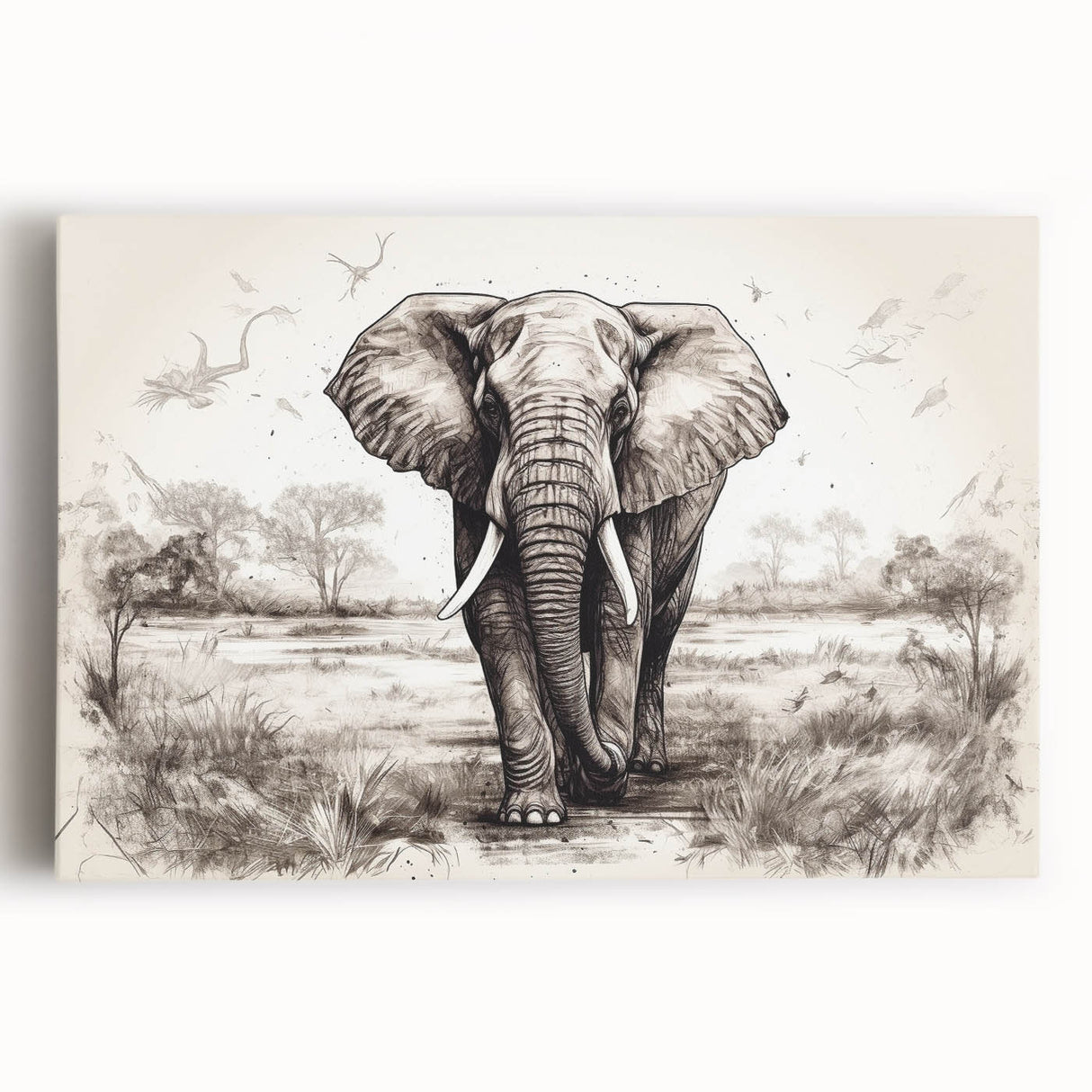 Stretched canvas wall art featuring a majestic elephant design in vibrant colors, showcasing intricate details and textures, perfect for wildlife enthusiasts.