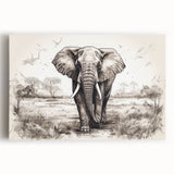 Stretched canvas wall art featuring a majestic elephant design in vibrant colors, showcasing intricate details and textures, perfect for wildlife enthusiasts.